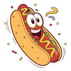 Happy cartoon hot dog character with mustard and confetti celebrating