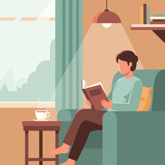Flat-style vector illustration depicting a cozy and relaxing indoor scene. A person is comfortably seated in a minimalist interior, reading a book. The setting is warm and inviting, with soft ambient 