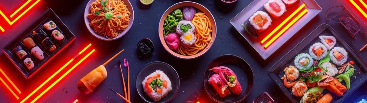 Asian food like sushi, noodles and spring rolls served on a dark table with neon lights creating cyberpunk atmosphere.