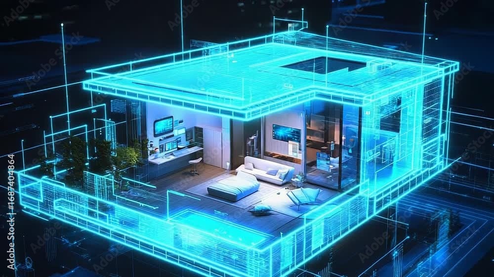 Poster futuristic smart home automation system controlling modern apartment with digital interface
