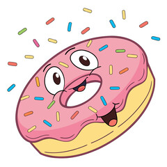 Happy pink frosted donut with colorful sprinkles falling down