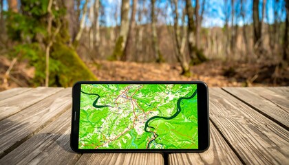 Tablet showing outdoor map in forest