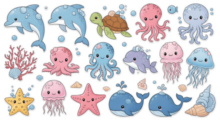 Delightful set of adorable cartoon stickers featuring sea creatures on transparent background