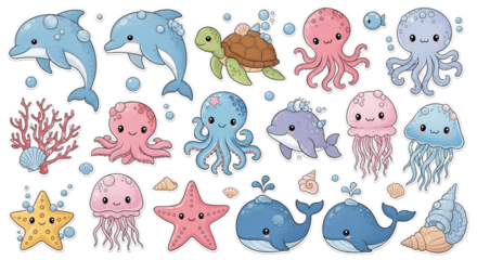 Delightful set of adorable cartoon stickers featuring sea creatures on transparent background