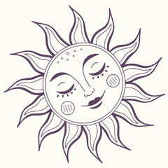 Whimsical line art illustration of a serene sun face with closed eyes and rays