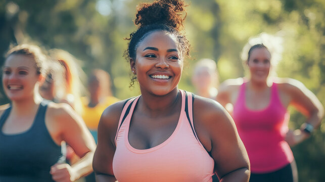 Multiracial women doing sport workout at city park - Fit oversize female group during running exercise outdoor - Healthy lifestyle concept - Models by AI generative - Powered by Adobe