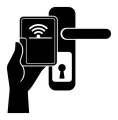 Hand holding a smart card to unlock a door with a keyhole and Wi-Fi symbol