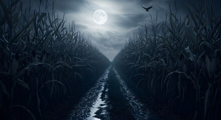 A dark and mysterious cornfield at night under a full moon, with a narrow path leading into the dense stalks, creating a sense of unease and suspense
