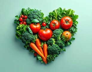 Healthy Food Concept: A Heart Shape Formed from a Variety of Fresh Vegetables like Broccoli, Tomatoes, and Carrots on a White Background