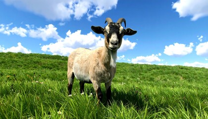 Fototapeta premium A goat in a grassy field under a partly cloudy sky