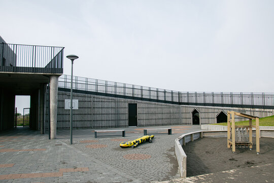 Modern public space with unique architecture and playground in Iceland