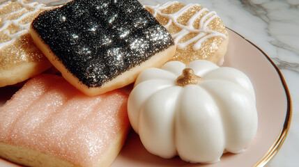 halloween sugar cookies with colorful icing in pumpkin and ghost shapes, retro cinematic aesthetic festive background perfect for party invitations, seasonal ads, bakery promotions, holiday decoration