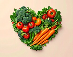 Heart Health and Nutrition: A Composition of Fresh Vegetables Forming a Heart as a Symbol of a Healthy Lifestyle and Clean Eating.