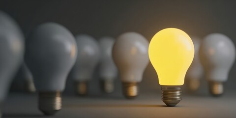 The glowing light bulb representing unique ideas and innovation in a dim environment.