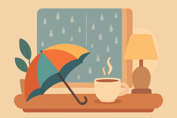 Flat-style vector illustration of a cozy rainy season scene with a colorful umbrella, warm indoor atmosphere, steaming cup of coffee or tea, raindrops on the window, and soft lighting in muted pastel 