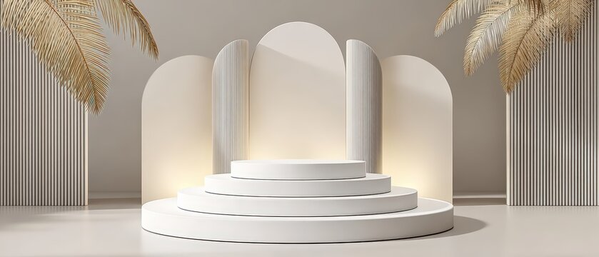 Elegant minimalistic stage with white curved arches and steps surrounded by tropical palm leaves, modern backdrop for events or presentations