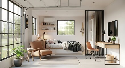 Bright, modern studio apartment featuring a minimalist design, large industrial windows, and dedicated zones for living, sleeping, and working. Perfect urban loft style.