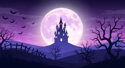 A spooky castle silhouetted against a large, glowing full moon on a dark, cloudy night with bats flying in the sky and bare trees in the foreground