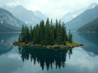 &ldquo;Ultra-HD aerial-style photography of a small pine-covered island in the middle of a calm mountain lake, natural reflections of trees and peaks, sharp cinematic composition.&rdquo;
