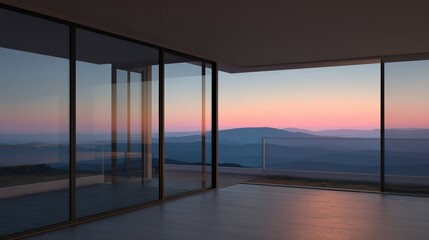 Modern interior room with large floor-to-ceiling glass overlooking mountain landscape du sunset with pastel sky
