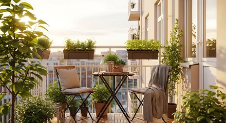 A cozy apartment balcony transformed into a vibrant urban garden oasis, featuring lush potted plants, a small table with chairs, and warm golden hour sunlight. Perfect for relaxation and city living.