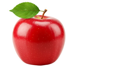 Red Apple with Glossy Skin and Green Leaf Against a Dark Background with Copy Space