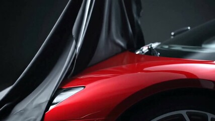 Dramatic unveiling of a new, shiny red sports car from under a black cover at a launch event.