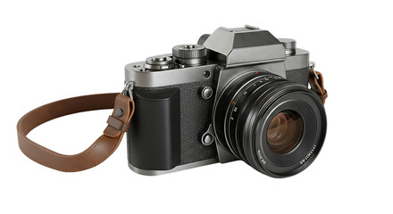 Vintage Camera with Brown Leather Strap on Transparent Background Shows Classic Photography Style and Timeless Design