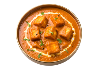 A bowl of rich, flavorful paneer tikka masala, showcasing cubes of paneer in a creamy, orange-red sauce, garnished with fresh herbs.