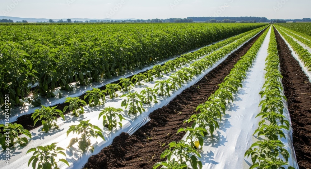 Poster medium shot of agricultural field using uv reflective mulch showcasing improved crop yield and effic