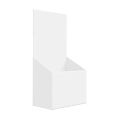 3D vector illustration of a white display carton box in side perspective view. Blank retail packaging template for product presentation, branding, promotion, or advertising design