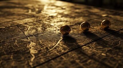 Golden spheres on a map-textured surface with ambient lighting create a unique abstract composition
