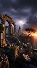 Mysterious ancient ruins under a dramatic stormy sky at sunset