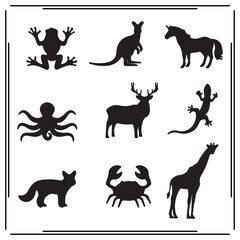 Animal Silhouettes Collection - Frog, Kangaroo, Horse, Deer, Octopus, Fox, Crab, Giraffe, Lizard - Black Icons for Nature, Wildlife, and Education
