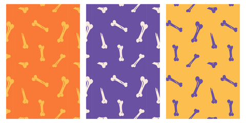 Seamless bone pattern set for Halloween. Creepy skeleton bones repeat background in festive spooky design.