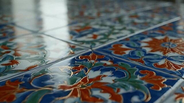 Close-up of glossy ceramic tiles with intricate traditional floral pattern in blue, orange, green, and gold