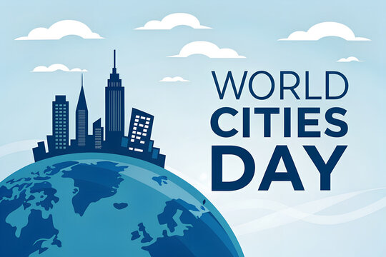 City skyline silhouette above Earth with bold “World Cities Day” text on blue background, celebrating urban development, sustainability, and global community life generative ai