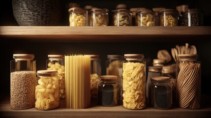 Organized collection of glass jars filled with pasta grains and noodles on wooden shelf for kitchen storage and culinary preparation