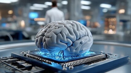 Digital Brain: A human brain rests on a computer chip, with a scientist working in the background. This image represents the convergence of technology and intellect. - Powered by Adobe