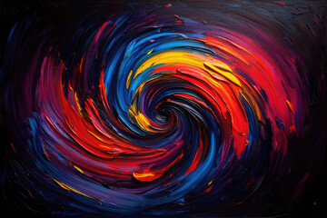 Swirling Abstract Oil Painting with Red Yellow and Blue Brushstrokes on Black Background