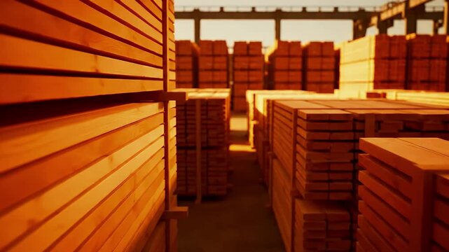 Neatly stacked wooden planks and timber in a spacious lumberyard warehouse, illuminated by warm, golden light.