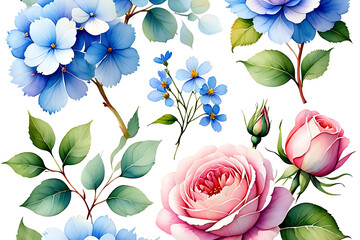 Watercolor floral arrangement with blue hydrangea pink roses green leaves and small blue flowers