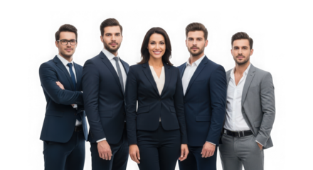 Diverse business team posing professionally in suits for corporate success and teamwork transparent background