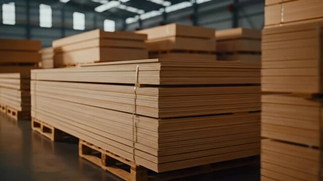 Stacks of Wooden Panels and Plywood Sheets on Pallets in a Large Industrial Warehouse. Timber Storage for Construction and Furniture Manufacturing.