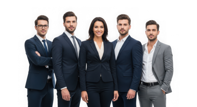 Diverse business team posing professionally in suits for corporate success and teamwork transparent background