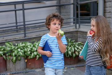 Cute little kids eating apples outdoors, space for text. School lunch