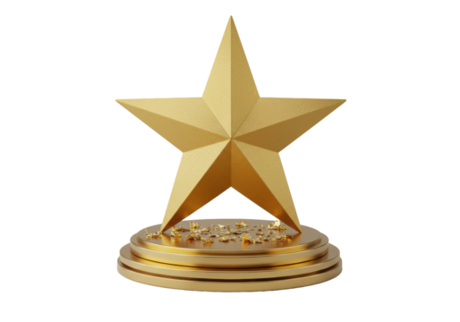A majestic matte golden five-pointed star on a polished tiered golden pedestal with gold leaf fragments, isolated on a seamless transparent background, pristine luxury concept