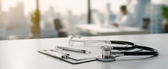 The stethoscope and medical tools on a desk in a modern healthcare setting.