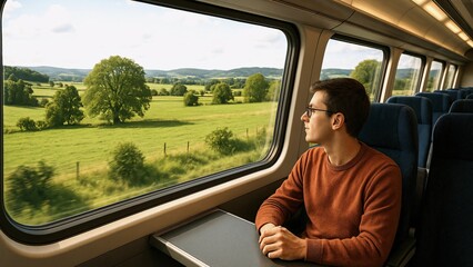 Young man wearing glasses and a brown sweater sits in a train, gazing out the window at a picturesque countryside with green fields and trees passing by during a daytime journey