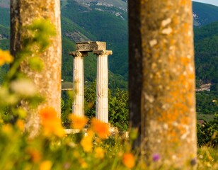 Ancient columns framed by wildflowers and mountains